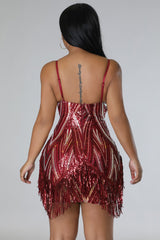 Robe de fête à bretelles pailletée avec frange rouge