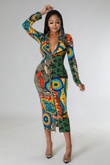 Robe longue à manche longue multicolore bouton devant