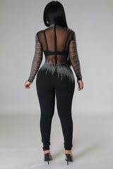 Combinaison sexy à strass demi-stretch avec fermeture derrière