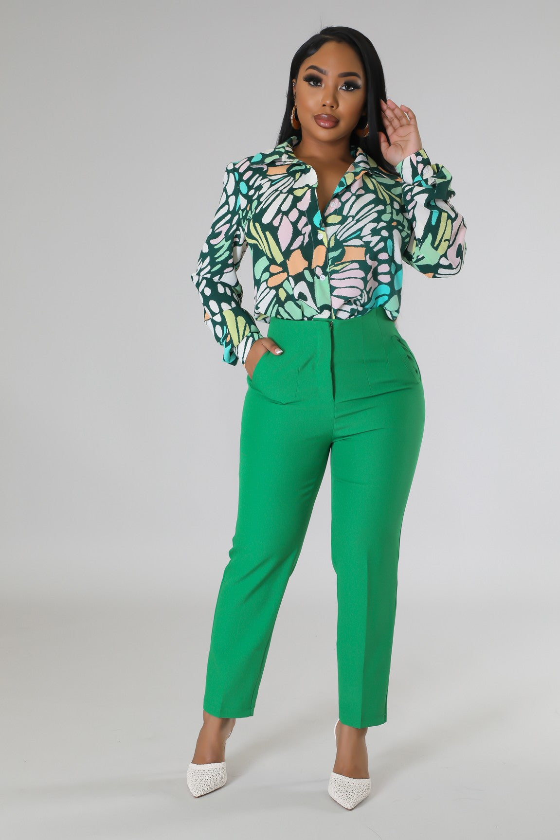 Pantalon taille haute droite non extensible vert