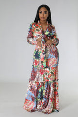 Ensemble jupe longue et top multicolore à manche longue satiné