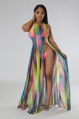 Maillot de bain 3 pièces avec robe transparente fendue sur le côté