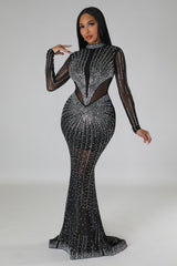 Robe longue décoration strass pour fête à manche longue