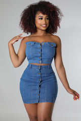 Jupe courte et top en Jean bleue