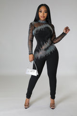 Combinaison sexy à strass demi-stretch avec fermeture derrière