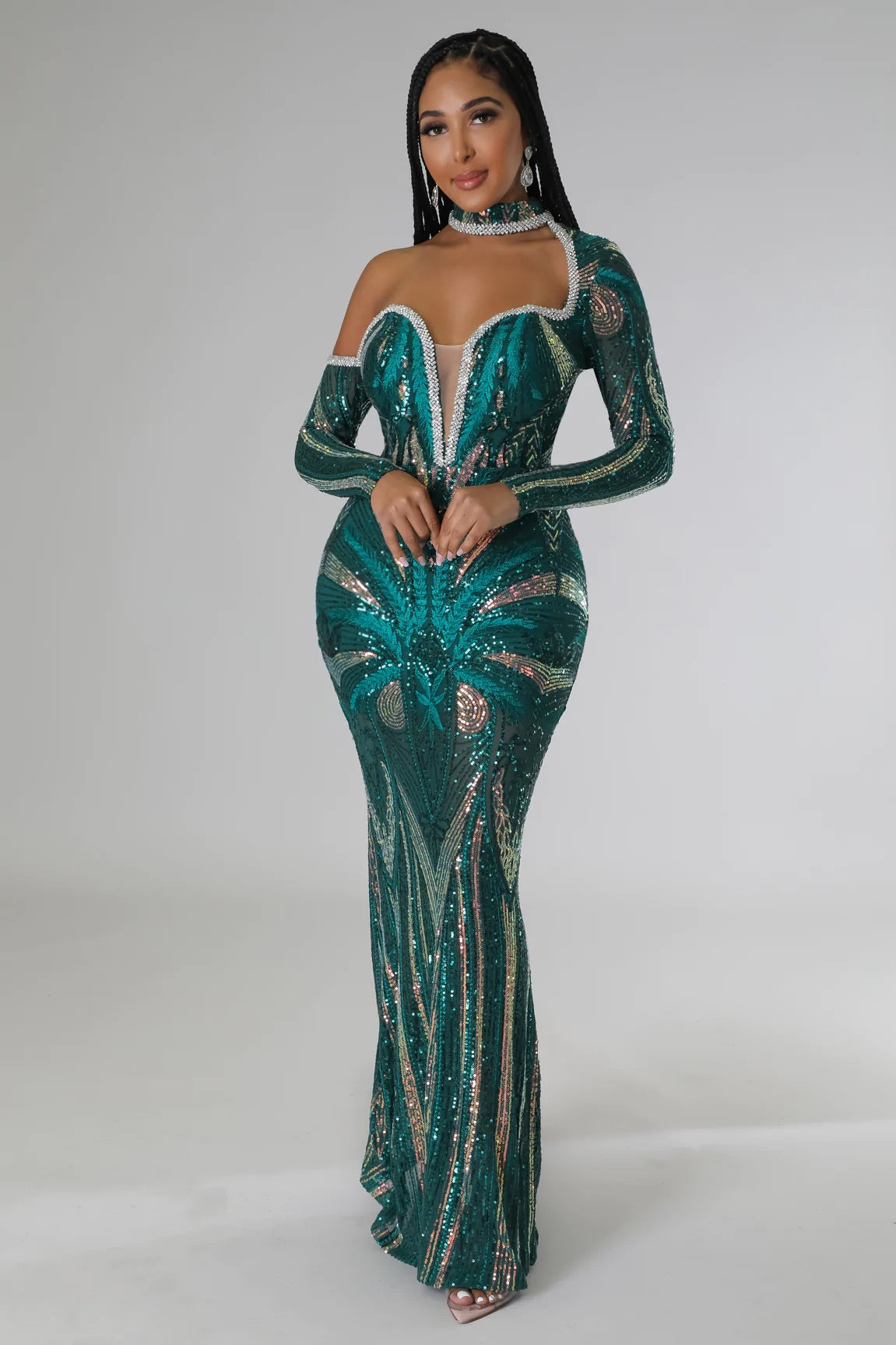 Robe longue à manche unique pailletée Glam