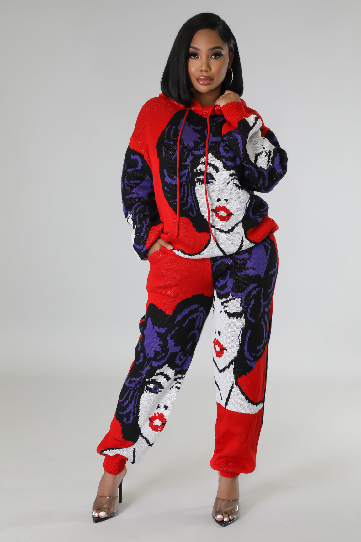 Ensemble deux pièces Sweat à capuche oversize rouge tricoter