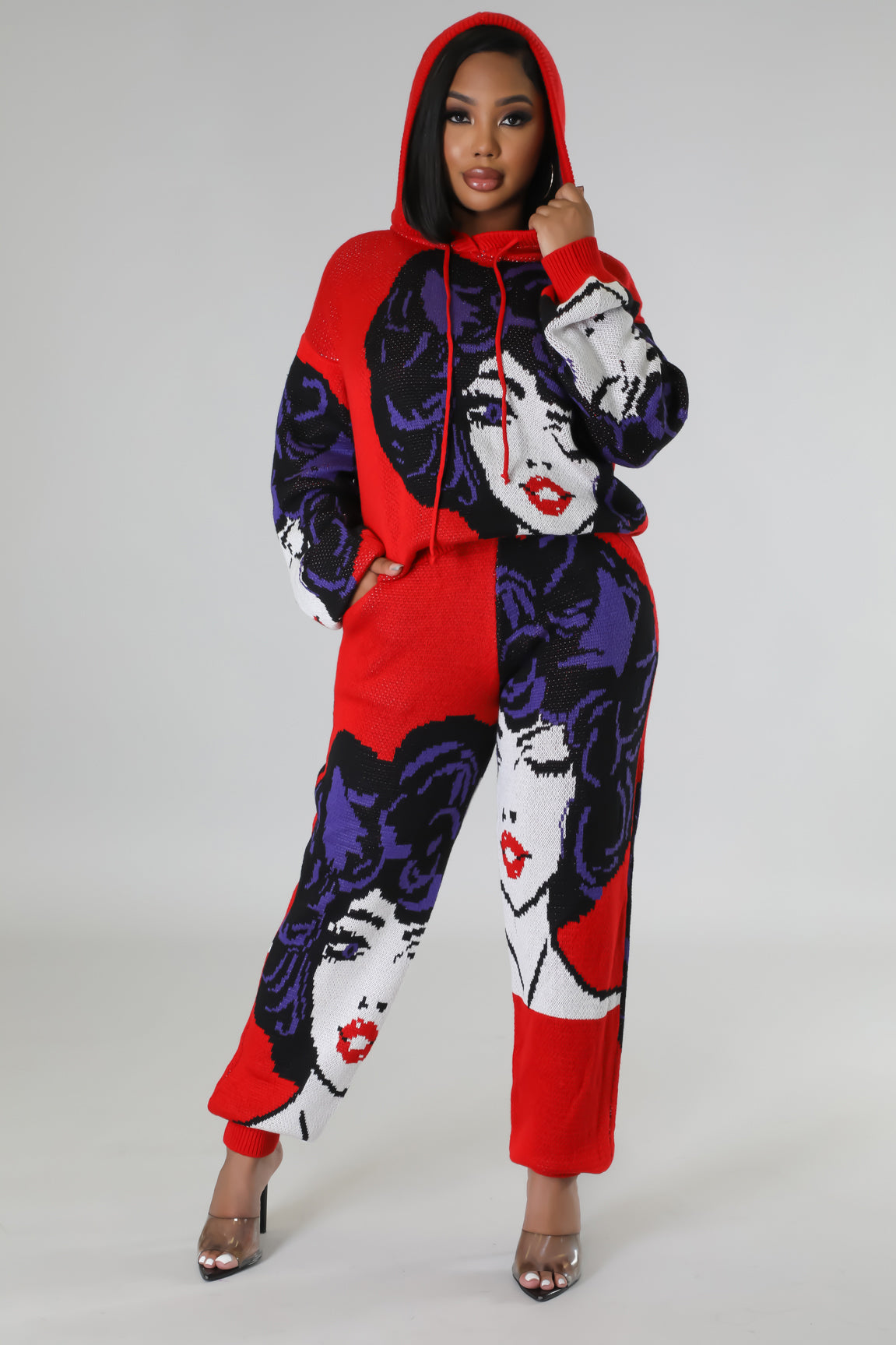Ensemble deux pièces Sweat à capuche oversize rouge tricoter