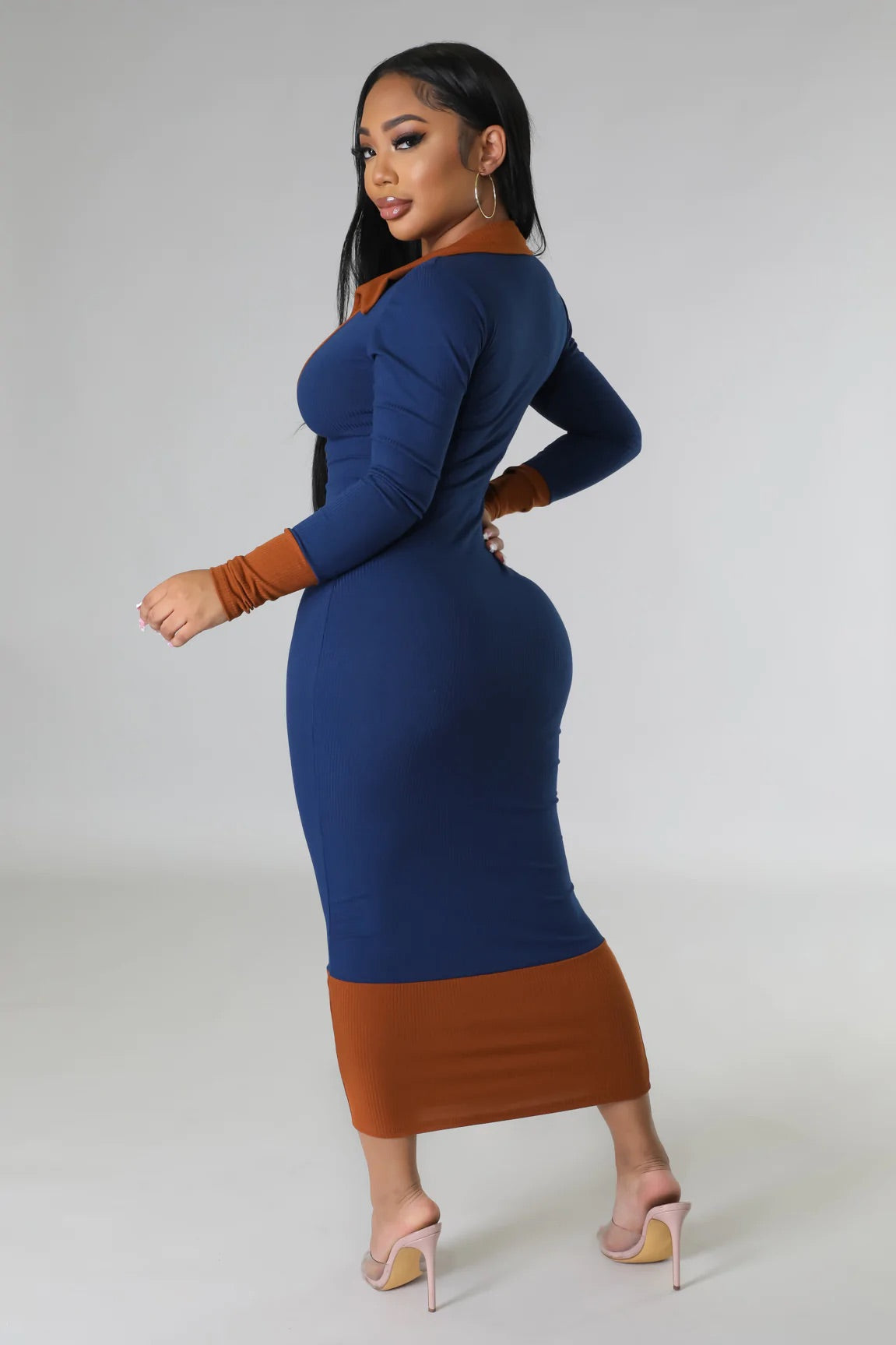 Robe longue vert/ Noir col V Nervuré semi/stretch à manche longue