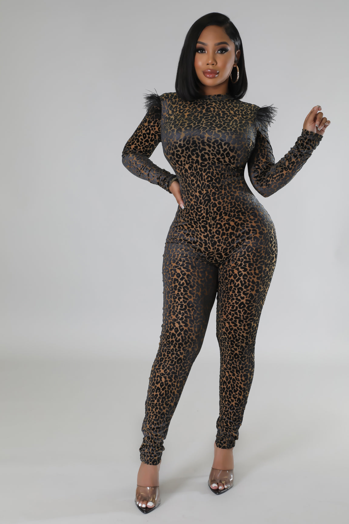 Combinaison velours effet tigre à manche longue avec fausse plumes 🪶