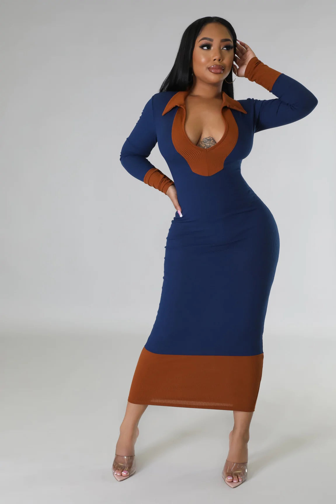 Robe longue vert/ Noir col V Nervuré semi/stretch à manche longue