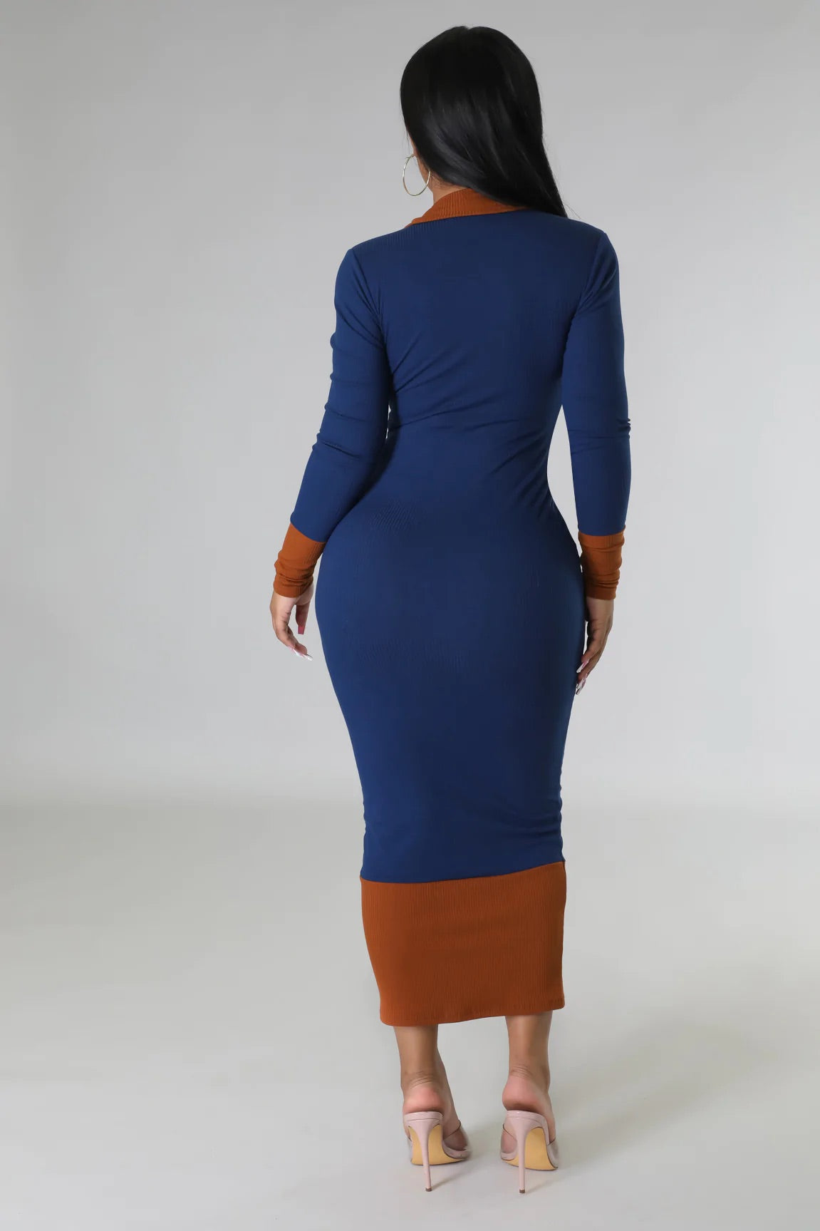 Robe longue vert/ Noir col V Nervuré semi/stretch à manche longue